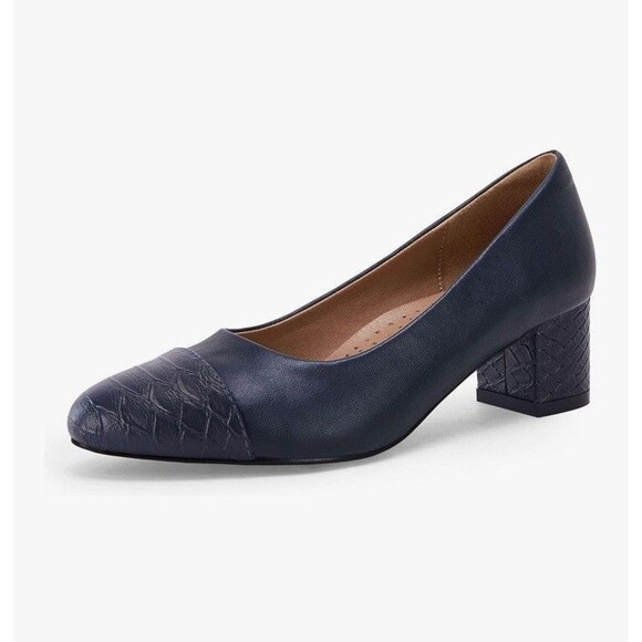 Navy Blue Almond Toe Embossed Block Heels Women’s Size 7.5 Snakeskin Slip On NEW - Picture 7 of 13